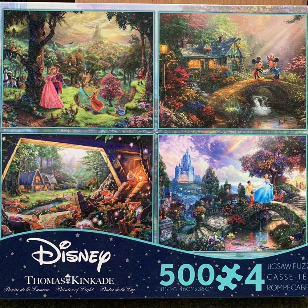 New 2 lb. Ceaco Thomas Kinkade 4-In-1 Disney 500 Piece Jigsaw Puzzles Cinderella